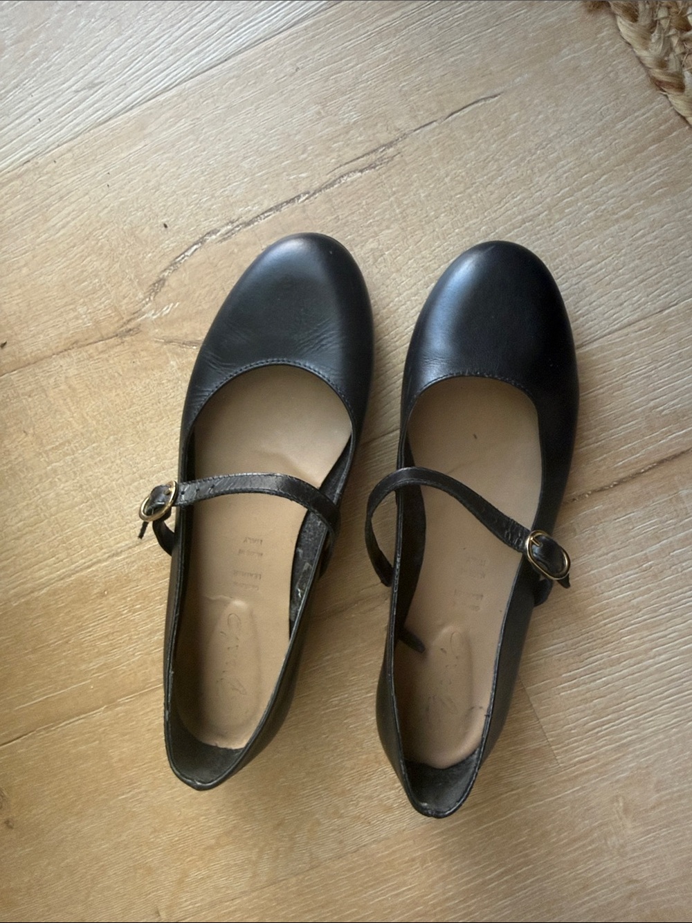 Italian Leather Black Mary Jane Flats with Buckle Strap